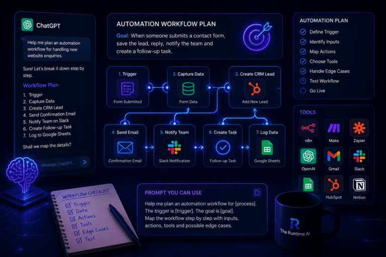 ChatGPT dashboard showing how to plan an automation workflow with connected tools