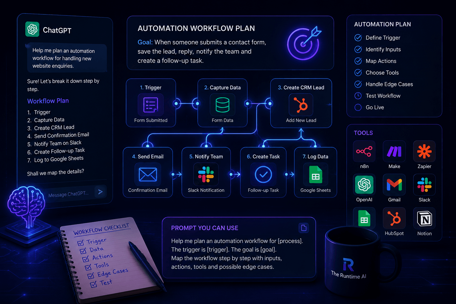 ChatGPT dashboard showing how to plan an automation workflow with connected tools
